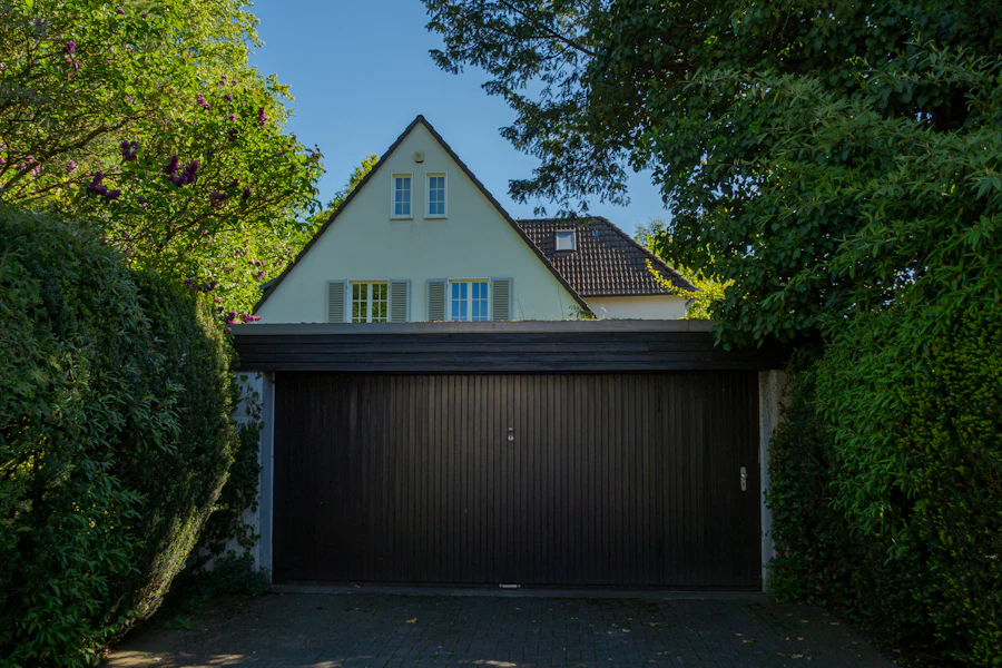 House with a large dark-colored garage door