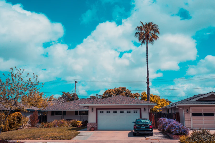 Single-story home with a white garage door beneath a tall palm in full sun